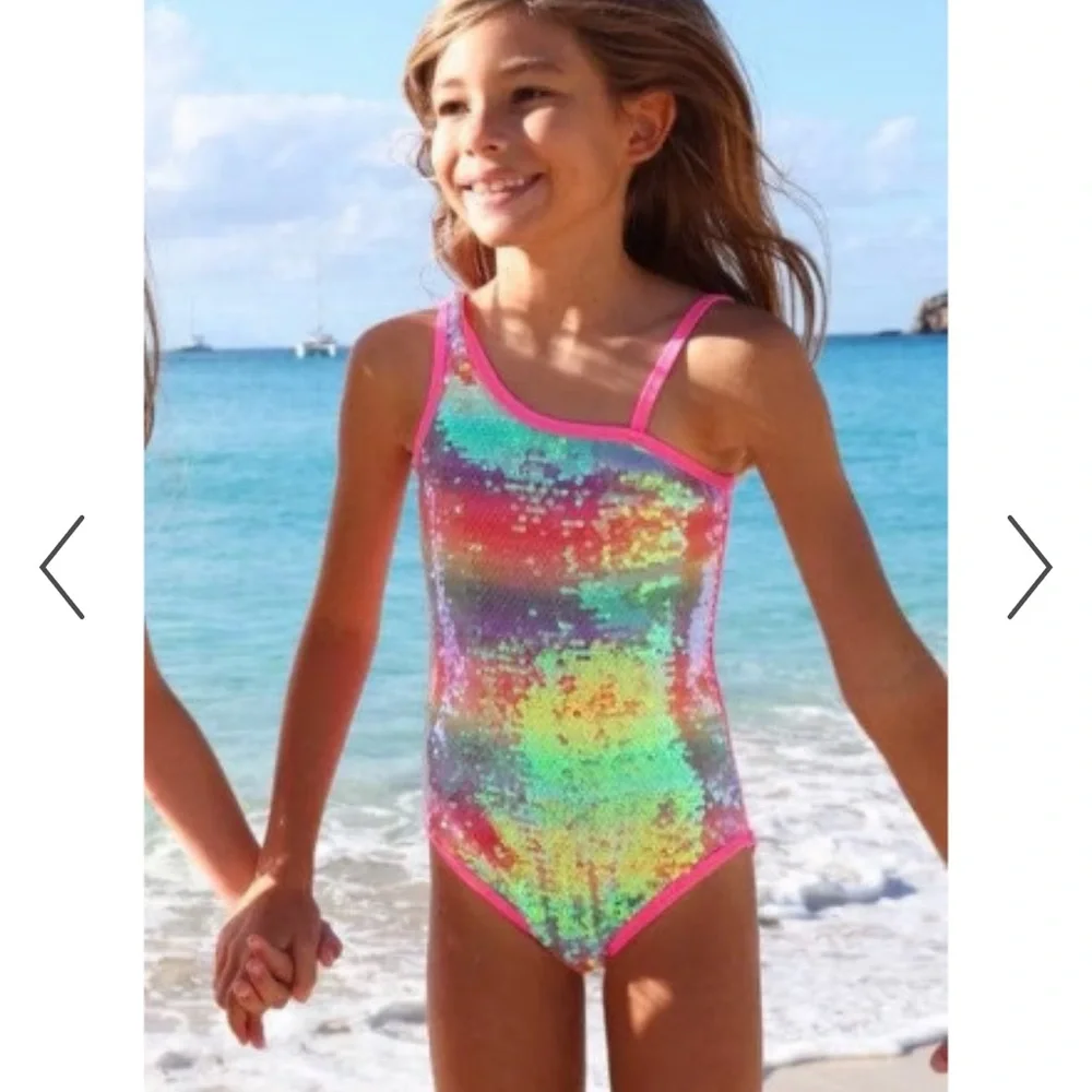 Lola + The Boys Rainbow Sequin One-Piece Swimsuit size 8 with Pink Trim